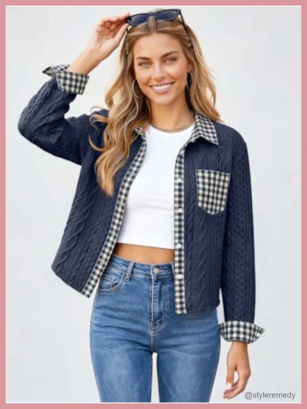 Cropped Jean Denim Collared Bomber Jacket Sweatshirt Cable Knit Shacket